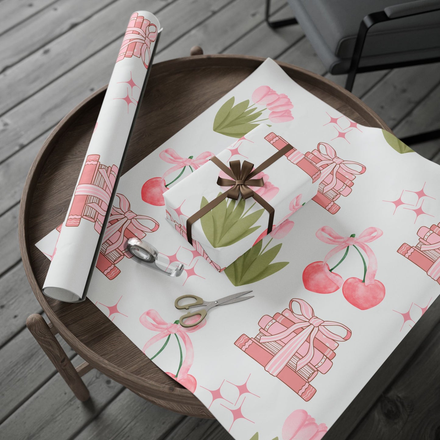 Charming Floral Gift Wrapping Paper - Deluxe Cherry & Book Design
