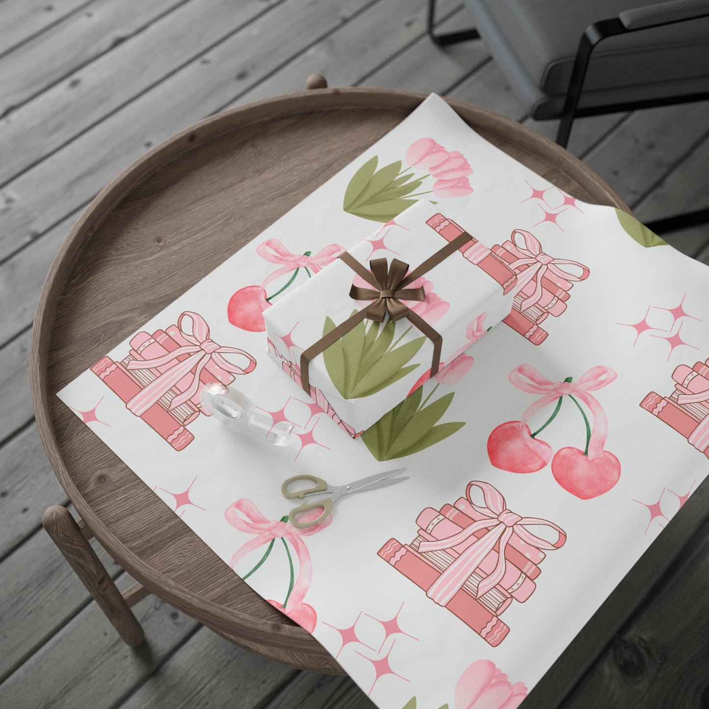 Charming Floral Gift Wrapping Paper - Deluxe Cherry & Book Design